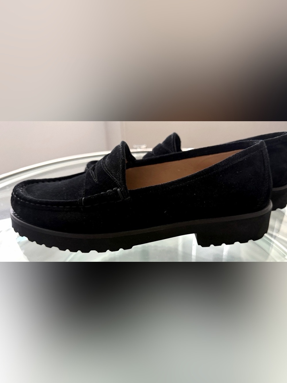 Women's Black Suede Penny Loafers with Lug Sole
